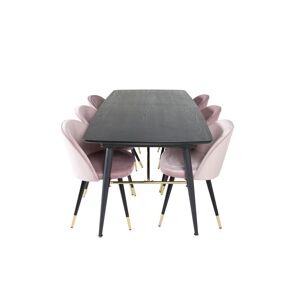 Gold spisebordssæt spisebord  udtræksbord længde cm 180 / 220 sort og 6 Velvet stole velour pink, sort, messing dekor.