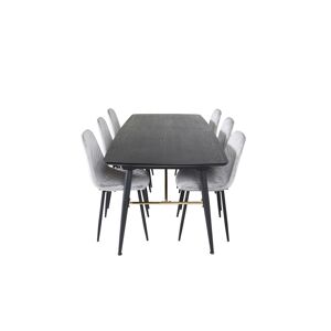 Gold spisebordssæt spisebord  udtræksbord længde cm 180 / 220 sort og 6 Polar Diamond stole velour grå.