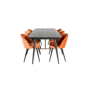 Gold spisebordssæt spisebord  udtræksbord længde cm 180 / 220 sort og 6 Velvet stole velour orange, sort.