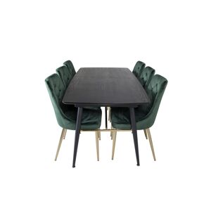 Gold spisebordssæt spisebord  udtræksbord længde cm 180 / 220 sort og 6 Velvet Deluxe stole velour grøn, messing dekor.