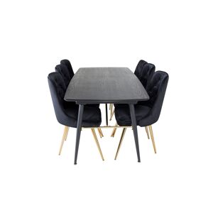 Gold spisebordssæt spisebord  udtræksbord længde cm 180 / 220 sort og 6 Velvet Deluxe stole velour sort, messing dekor.