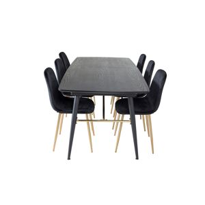 Gold spisebordssæt spisebord  udtræksbord længde cm 180 / 220 sort og 6 Polar stole velour sort, messing dekor.