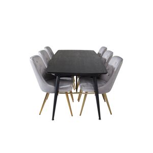 Gold spisebordssæt spisebord  udtræksbord længde cm 180 / 220 sort og 6 Velvet Deluxe stole velour lysegrå, messing dekor.