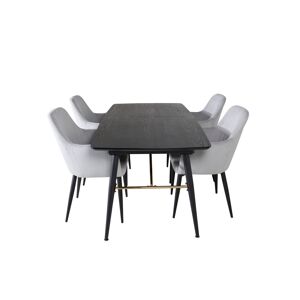 Gold spisebordssæt spisebord  udtræksbord længde cm 180 / 220 sort og 4 Comfort stole fløjl lysegrå, sort.