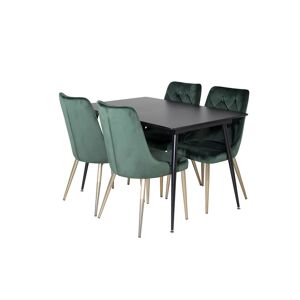 SilarBLExt spisebordssæt spisebord  udtræksbord længde cm 120 / 160 sort og 4 Velvet Deluxe stole velour grøn, messing dekor.