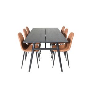 Sleek spisebordssæt spisebord  udtræksbord længde cm 195 / 280 sort og 6 Polar stole PU kunstlæder brun.