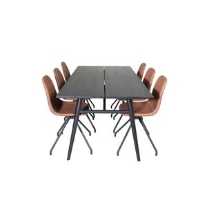 Sleek spisebordssæt spisebord  udtræksbord længde cm 195 / 280 sort og 6 Polar stole PU kunstlæder brun.