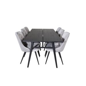 Sleek spisebordssæt spisebord  udtræksbord længde cm 195 / 280 sort og 6 Velvet Deluxe stole velour lysegrå.