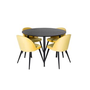 DippØ115BLBL spisebordssæt spisebord sort og 4 Velvet stole velour gul, sort.