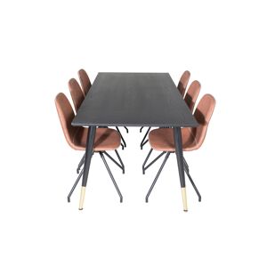 Dipp180x90BLBR spisebordssæt spisebord sort og 6 Polar stole PU kunstlæder brun.