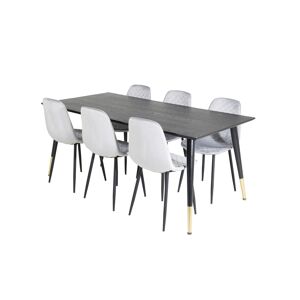 Dipp180x90BLBR spisebordssæt spisebord sort og 6 Polar Diamond stole velour grå.