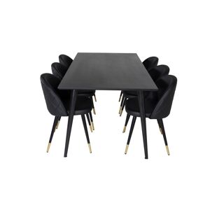 Dipp180x90BLBL spisebordssæt spisebord sort og 6 Velvet stole PU kunstlæder sort.