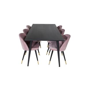 Dipp180x90BLBL spisebordssæt spisebord sort og 6 Velvet stole velour pink, sort, messing dekor.