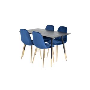Dipp120x85BLBR spisebordssæt spisebord sort og 4 Polar stole velour blå, messing dekor.