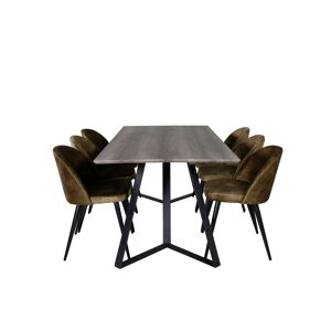 MarinaGRBL spisebordssæt spisebord elletræ dekor grå og 6 Velvet stole velour grøn, sort.