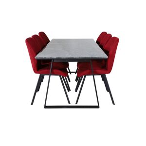 EstelleBLBL spisebordssæt spisebord sort, marmor og 6 Gemma stole rød.