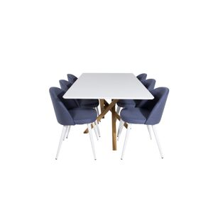 Piazza180x90WHNA spisebordssæt spisebord hvid og 6 Velvet stole blå.
