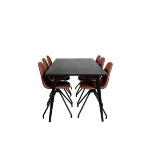 Dipp180x90BLBL spisebordssæt spisebord sort og 6 Polar stole PU kunstlæder brun.