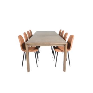 SliderOS spisebordssæt spisebord  udtræksbord længde cm 170 / 250 røgfarvet eg og 8 Polar stole PU kunstlæder brun.