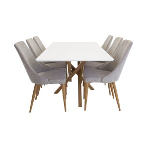 Piazza180x90WHNA spisebordssæt spisebord hvid og 6 Leone stole lysegrå, eg dekor.