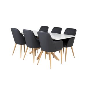 Piazza180x90WHNA spisebordssæt spisebord hvid og 6 Comfort stole PU kunstlæder sort, eg dekor.