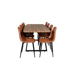 IncaNABL spisebordssæt spisebord  udtræksbord længde cm 160 / 200 elletræ dekor og 8 Polar stole PU kunstlæder brun.