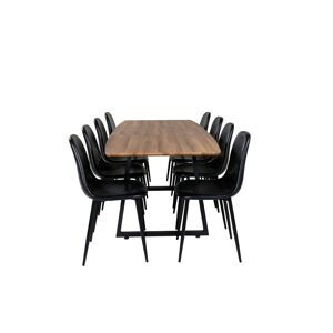IncaNABL spisebordssæt spisebord  udtræksbord længde cm 160 / 200 elletræ dekor og 8 Polar stole PU kunstlæder sort.
