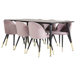Dipp180x90BLBR spisebordssæt spisebord sort og 6 Velvet stole velour pink, sort, messing dekor.