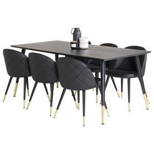 Dipp180x90BLBR spisebordssæt spisebord sort og 6 Velvet stole PU kunstlæder sort , .