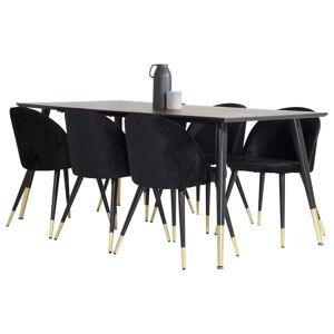 Dipp180x90BLBR spisebordssæt spisebord sort og 6 Velvet stole velour sort, sort, messing dekor.