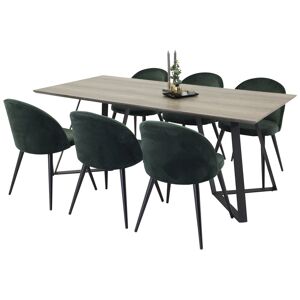 MarinaGRBL spisebordssæt spisebord elletræ dekor grå og 6 Velvet stole velour grøn, sort.