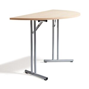Halvrundt mødebord, sammenklappeligt, 1200x600 mm, birk/sølv