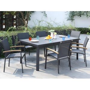 MYLIA Comedor de jardín de aluminio: una mesa extensible 180/240 cm y 6 sillones apilables - Antracita - NAURU