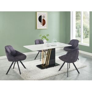 Unique Mesa de comedor 6 comensales de cerámica y MDF - Efecto mármol blanco, dorado y negro lacado - BALLARAT