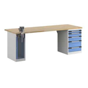 eurokraft pro Banco de trabajo, sistema modular Serie 7, 5 cajones, 1 tornillo de banco en el lado izquierdo, A x P 2500 x 900 mm