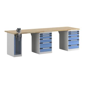 eurokraft pro Banco de trabajo, sistema modular Serie 7, 10 cajones, 1 tornillo de banco en lado izquierdo, A x P 3000 x 900 mm