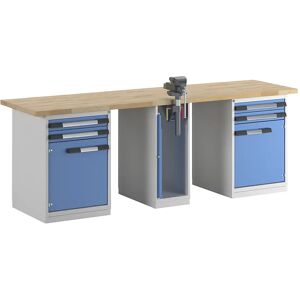 eurokraft pro Banco de trabajo, sistema modular Serie 7, 4 cajones, 2 puertas, 1 tornillo de banco en el centro, A x P 3000 x 700 mm