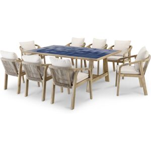 Defora Home Set de mesa de madera y cerámica azul y 8 sillas