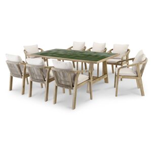 Defora Home Set de mesa de madera y cerámica verde y 8 sillas