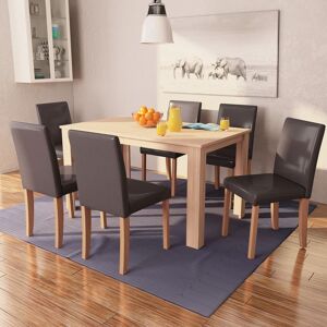 vidaXL Sillas y mesa de comedor 7 pzas roble y cuero artificial marrón