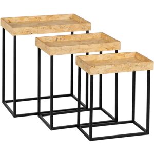 LOLAhome Set de 3 mesitas bandeja de madera y metal negras y naturales