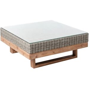 LOLAhome Mesa de centro de jardín Patsy envejecida gris de ratán sintético y madera de 80x80x35 cm