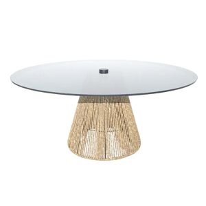 LOLAhome Mesa de centro de cristal con pedestal de fibra natural de Ø 80x35 cm