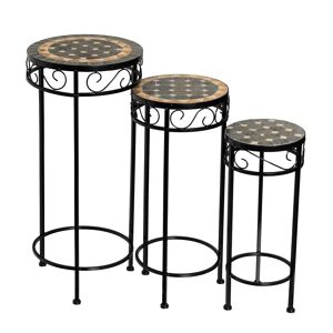 LOLAhome Set de 3 mesitas de jardín para maceteros con encimera de mosaico y estructura de metal negro