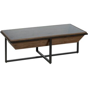 LOLAhome Mesa de centro tallado pirámide de madera y cristal templado negra y natural de 120x60x43 cm