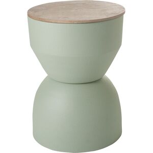 Miliboo Mesa auxiliar redonda de diseño con almacenaje de metal verde celadón y madera maciza de mango 30 cm YOYO