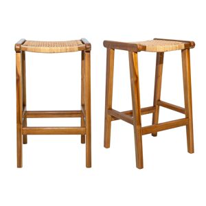 Miliboo Set de 2 taburetes de cocina étnicos de madera maciza de teca y caña de ratán 65 cm GAWA