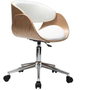 Miliboo Silla de escritorio blanco y madera clara con ruedas BENT