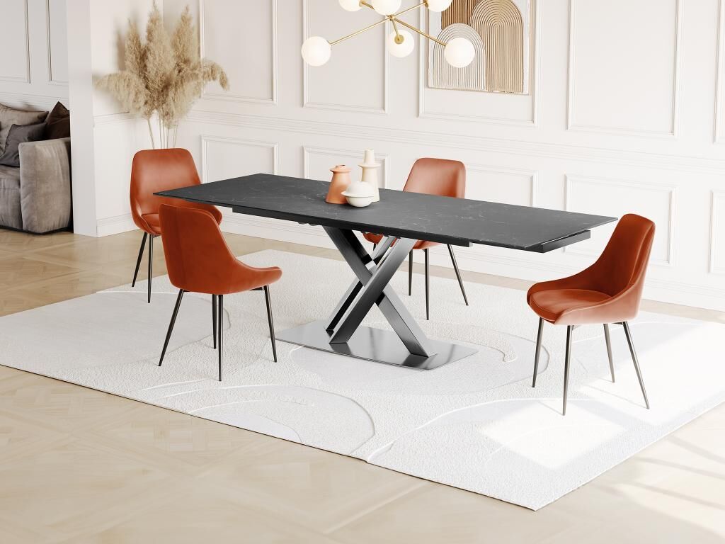 Unique Mesa de comedor extensible THYLIA - 6 a 8 comensales - Cerámica y metal - Efecto mármol negro