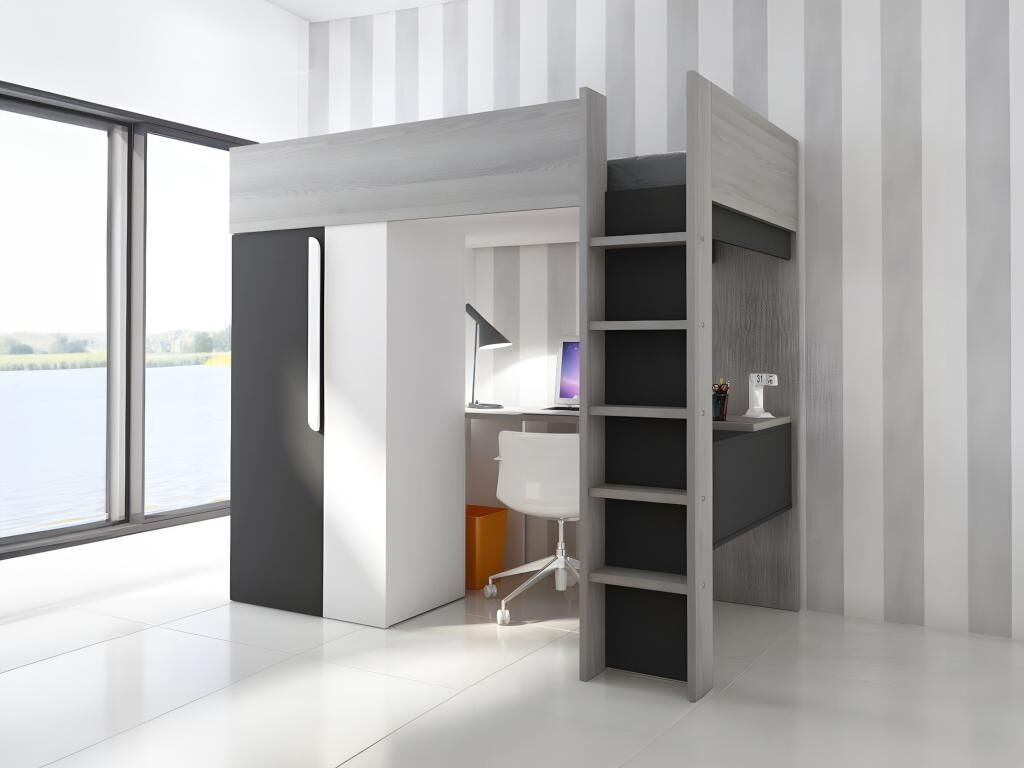 Unique Cama alta 90 x 200 cm - con armario y escritorio - Antracita y blanco - NICOLAS
